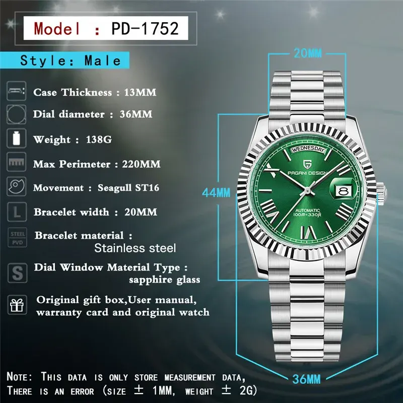 Pagani Design Green Dial Silver Mix Men's Watch- PD-1752